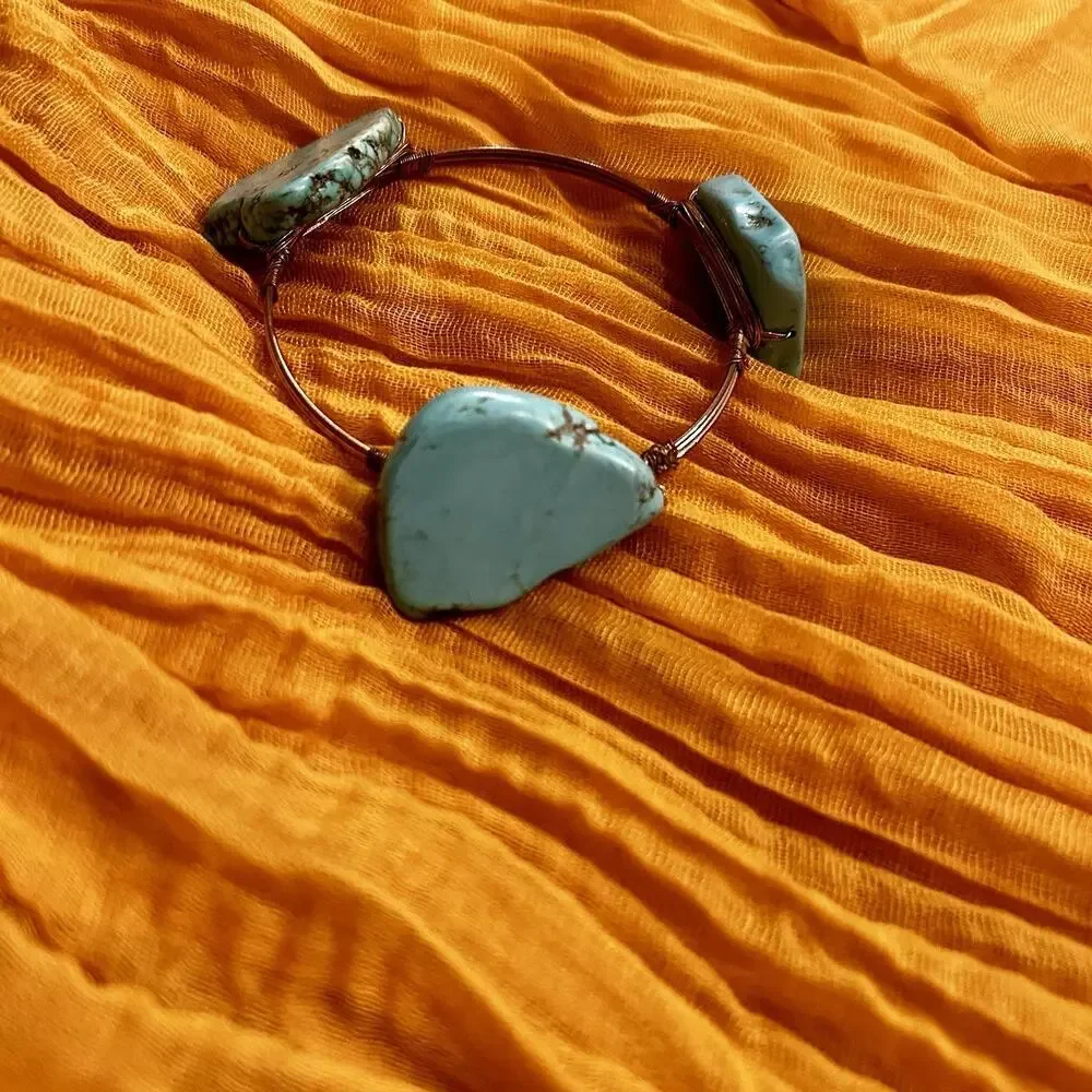 Handcrafted Copper Wire Bangle Bracelet Raw Turquoise Stones - Picture 4 of 7